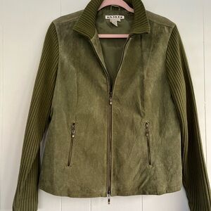 A.M.I. Olive Green Leather Jacket Texture Sleeves and Collar Size Large